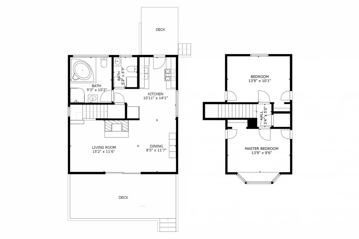 This image offers a broad perspective of the deck area, living room, kitchen, and master bedroom. The deck is visible and appears inviting for families and their pets to enjoy the coastal air, with seamless transitions between indoor and outdoor living spaces. The cozy interior also suggests a welcoming environment for relaxing after adventures.