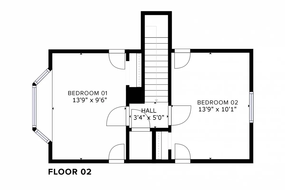 A wide view of the upstairs hallway with doors leading to peaceful bedrooms, bathed in gentle morning light. The hallway and stairwell evoke a calm ambiance, reinforcing the idea of a quiet retreat above the main living area.