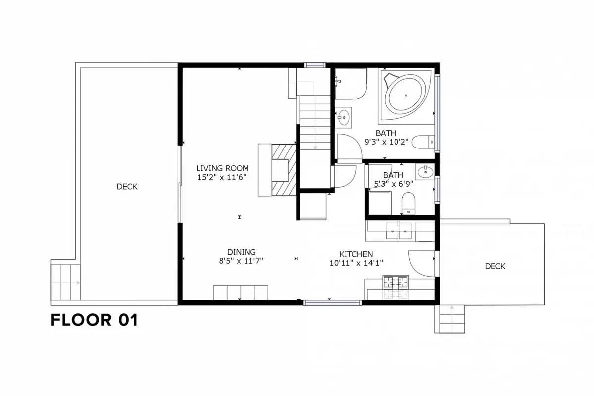 This image showcases a combined view of the living room, kitchen, dining area, and multiple decks. The decks hint at outdoor enjoyment, while the open-plan layout suggests plenty of space to gather, entertain, and relax, making it ideal for families and their pets after a day at the beach.